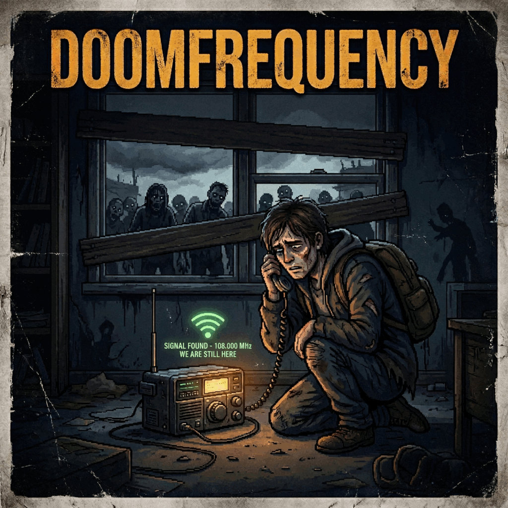 Doom Frequency FM — a survivor crouching over a radio in the dark